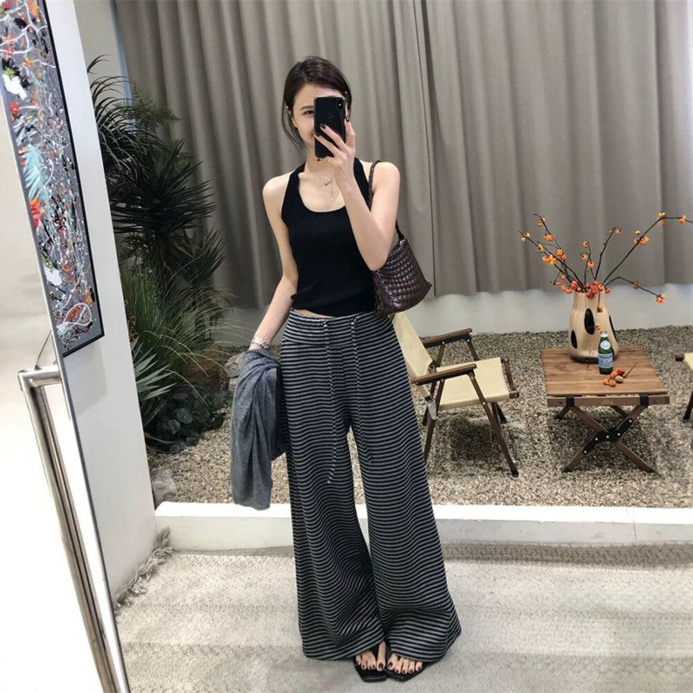 高腰條紋寬鬆闊腿褲