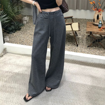 高腰條紋寬鬆闊腿褲
