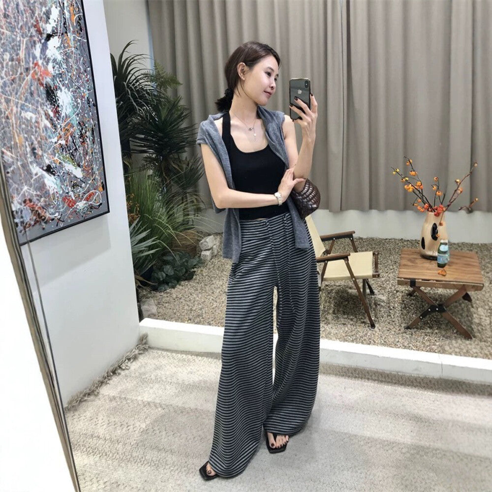 高腰條紋寬鬆闊腿褲