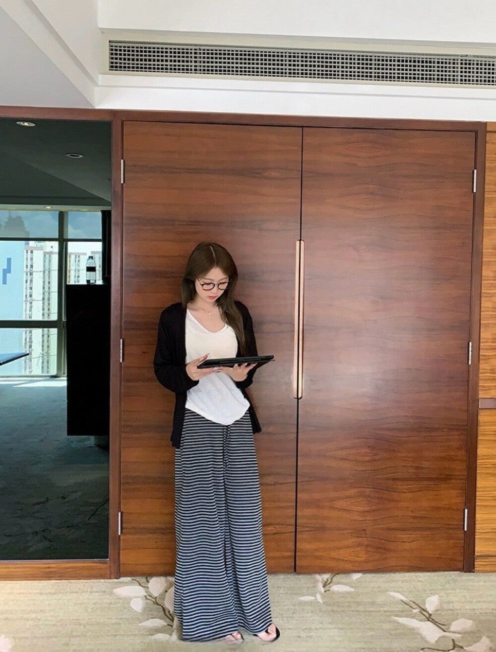 高腰條紋寬鬆闊腿褲