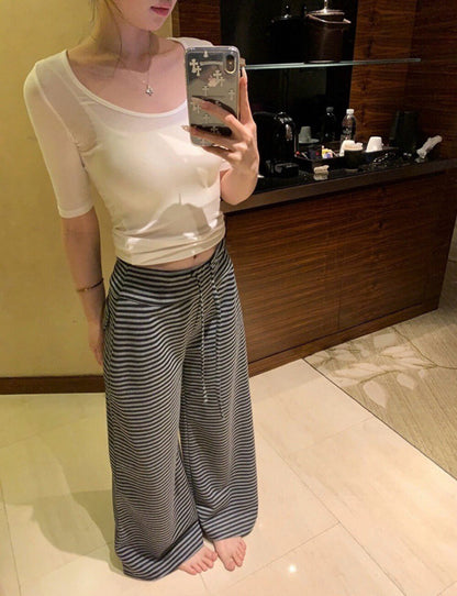 高腰條紋寬鬆闊腿褲