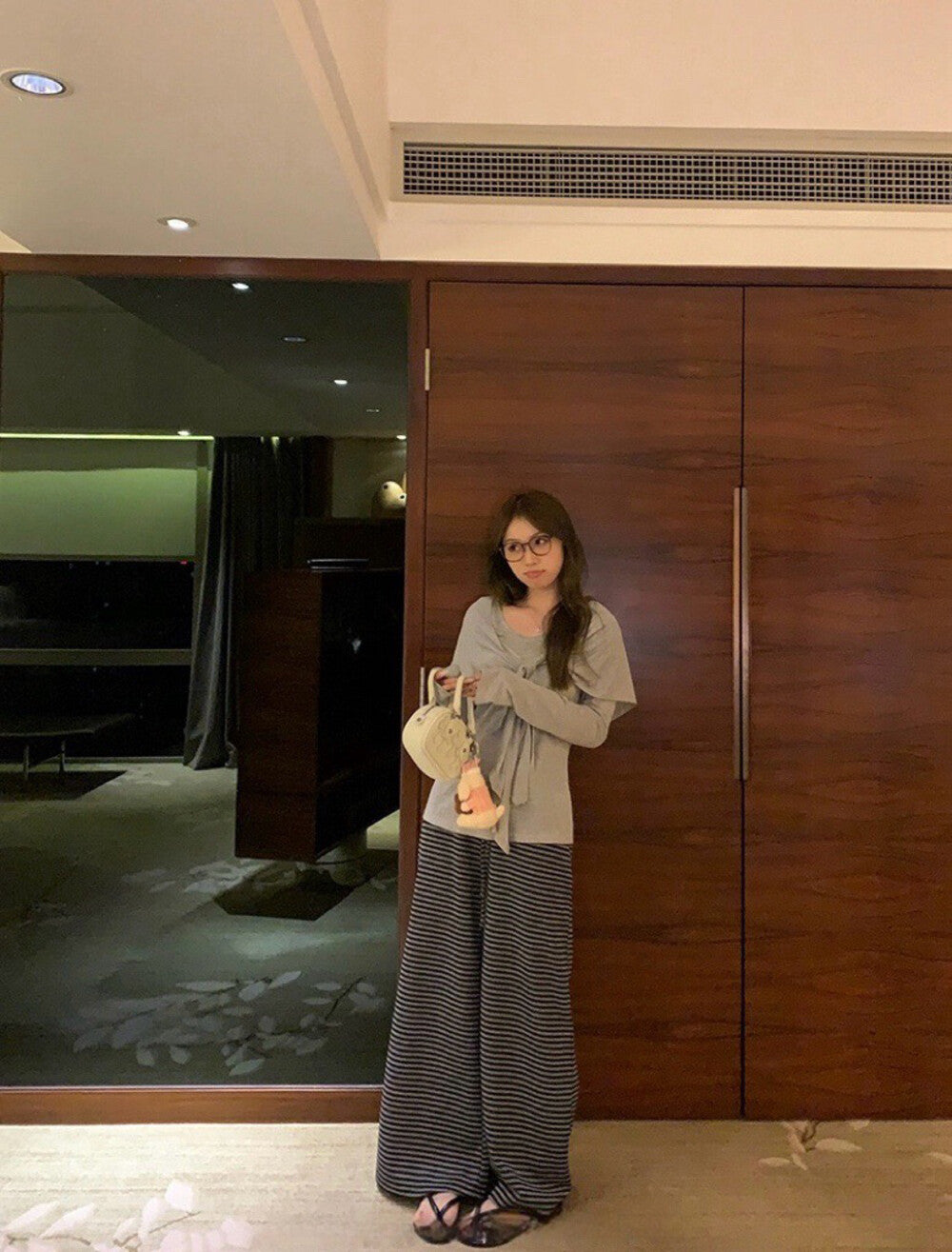 高腰條紋寬鬆闊腿褲