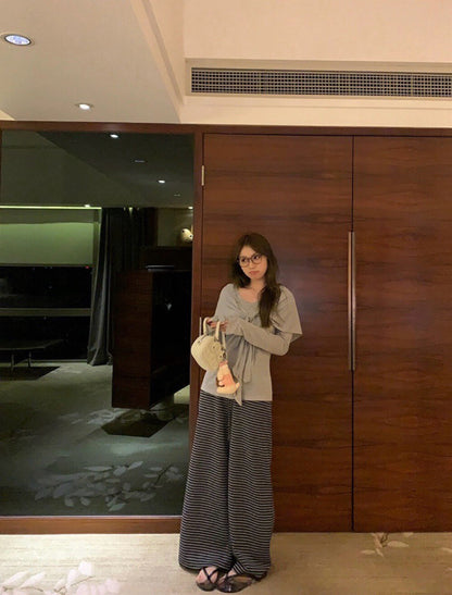 高腰條紋寬鬆闊腿褲