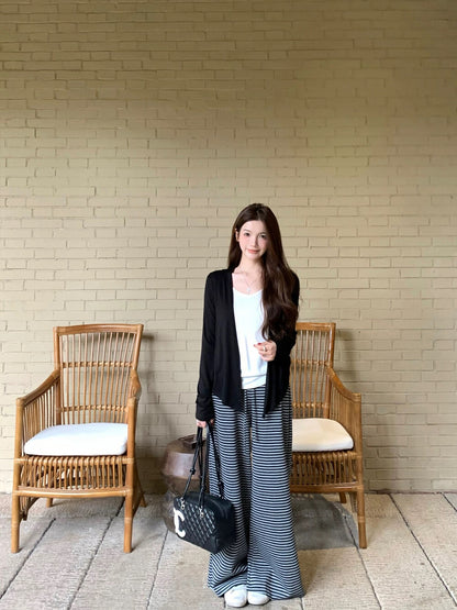 高腰條紋寬鬆闊腿褲