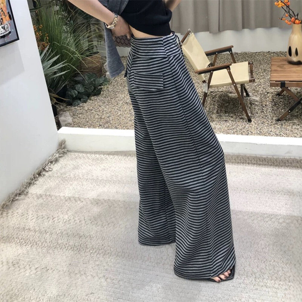 高腰條紋寬鬆闊腿褲