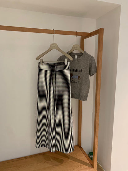 高腰條紋寬鬆闊腿褲