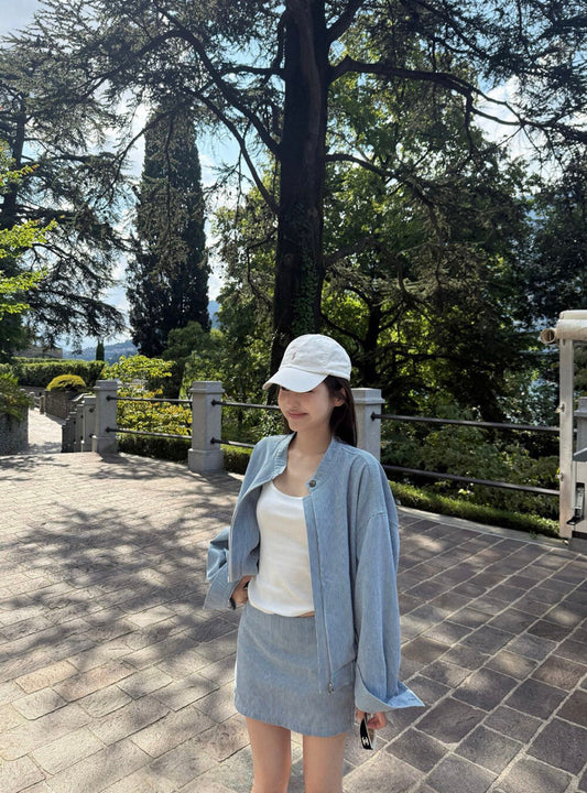 寬鬆顯瘦條紋拉鏈外套+高腰直筒半身裙set