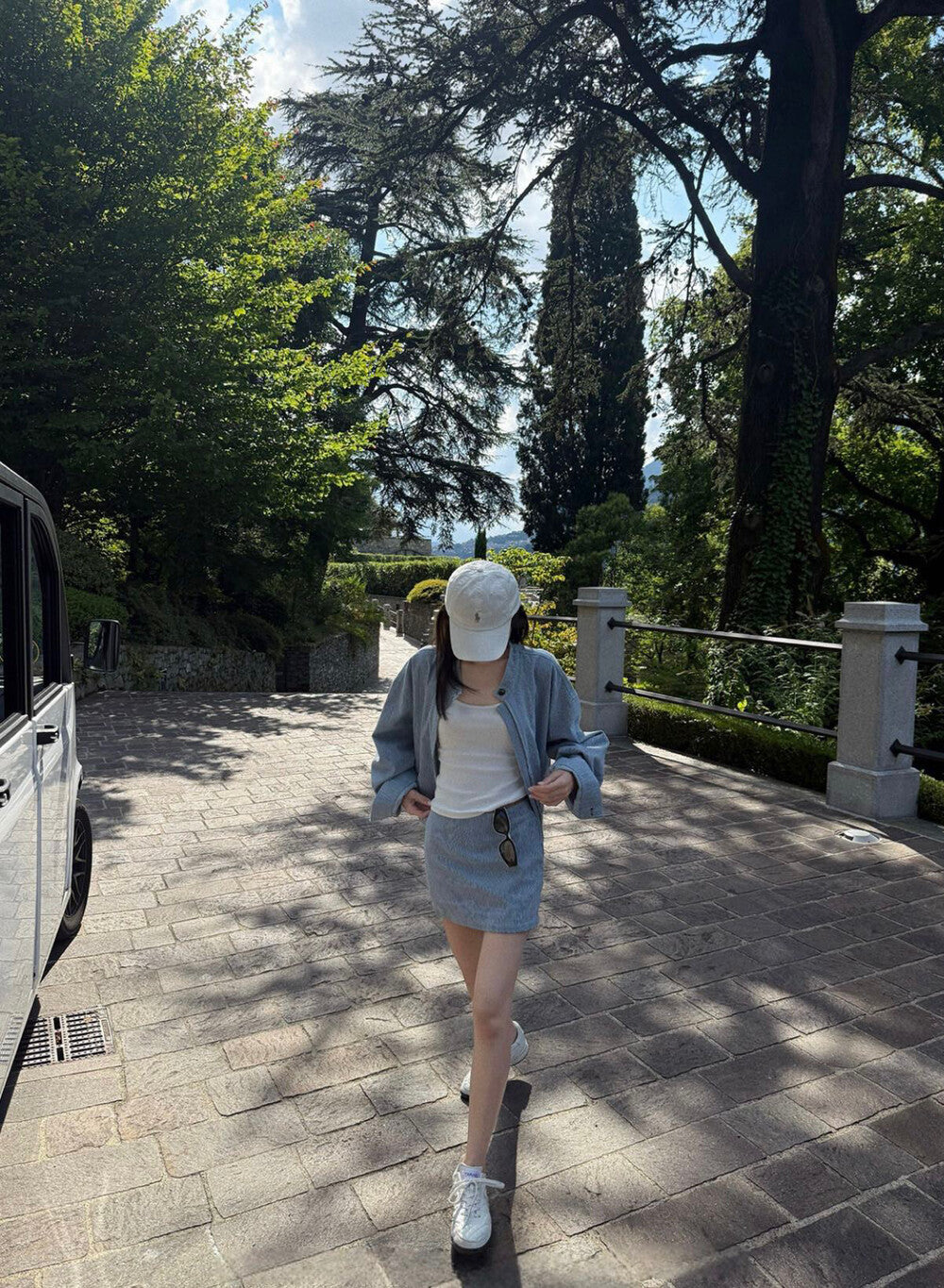 寬鬆顯瘦條紋拉鏈外套+高腰直筒半身裙set