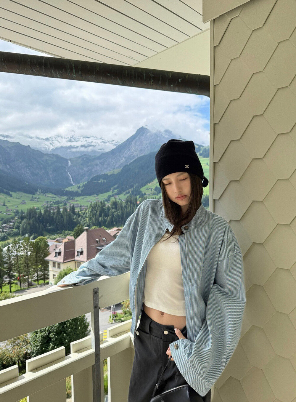 寬鬆顯瘦條紋拉鏈外套+高腰直筒半身裙set