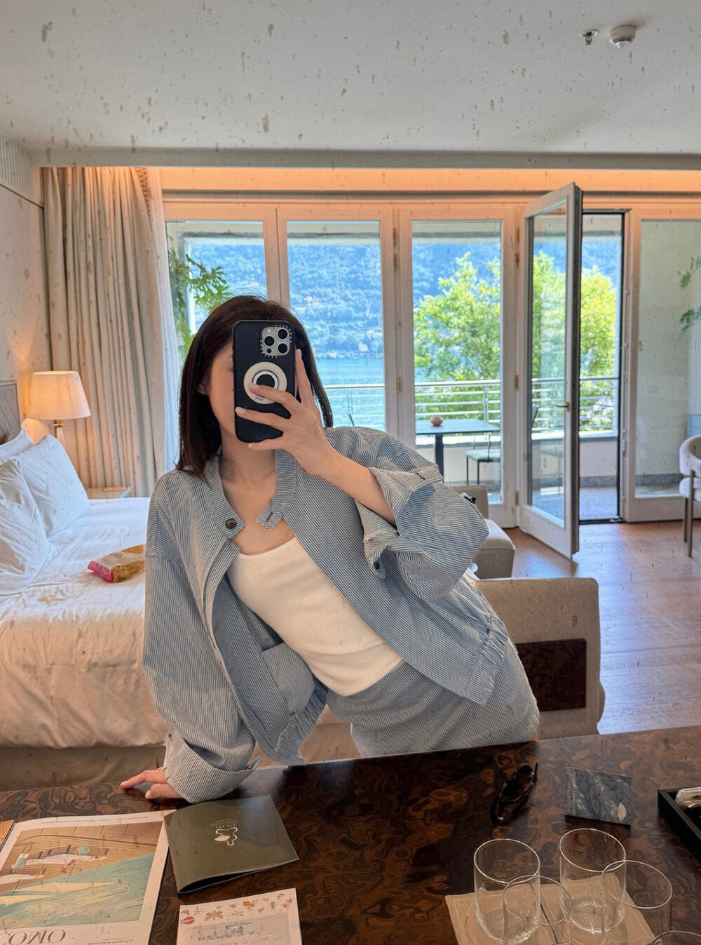 寬鬆顯瘦條紋拉鏈外套+高腰直筒半身裙set