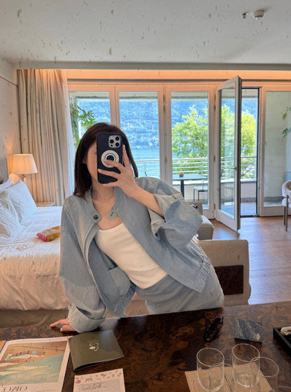 寬鬆顯瘦條紋拉鏈外套+高腰直筒半身裙set