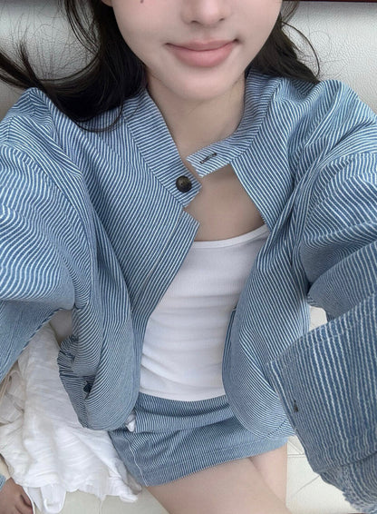 寬鬆顯瘦條紋拉鏈外套+高腰直筒半身裙set