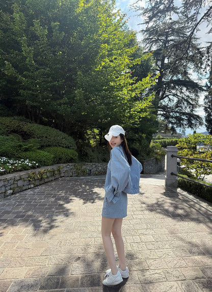 寬鬆顯瘦條紋拉鏈外套+高腰直筒半身裙set