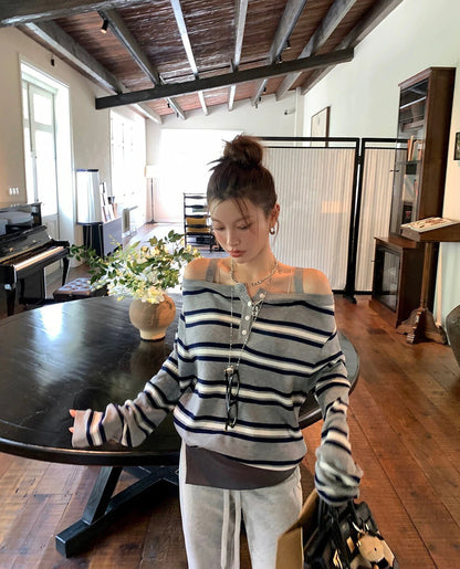 Striped Off-Shoulder Layered-Look Knit Top with Straps
