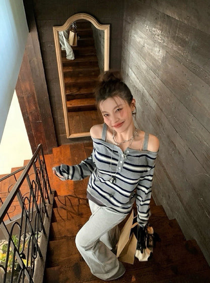 Striped Off-Shoulder Layered-Look Knit Top with Straps