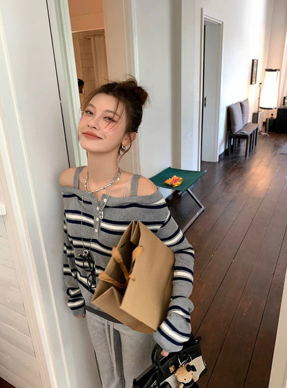 Striped Off-Shoulder Layered-Look Knit Top with Straps