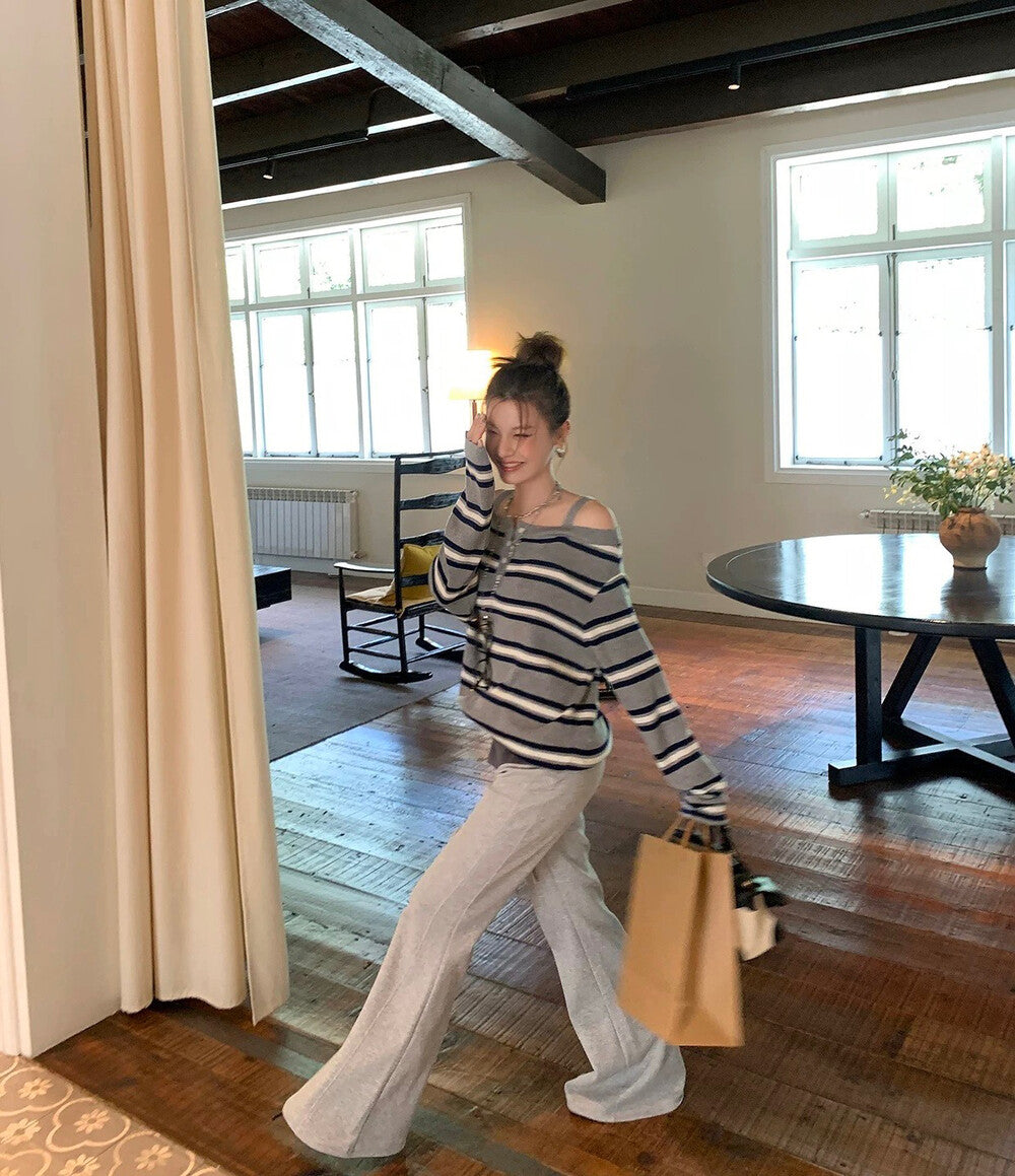 Striped Off-Shoulder Layered-Look Knit Top with Straps