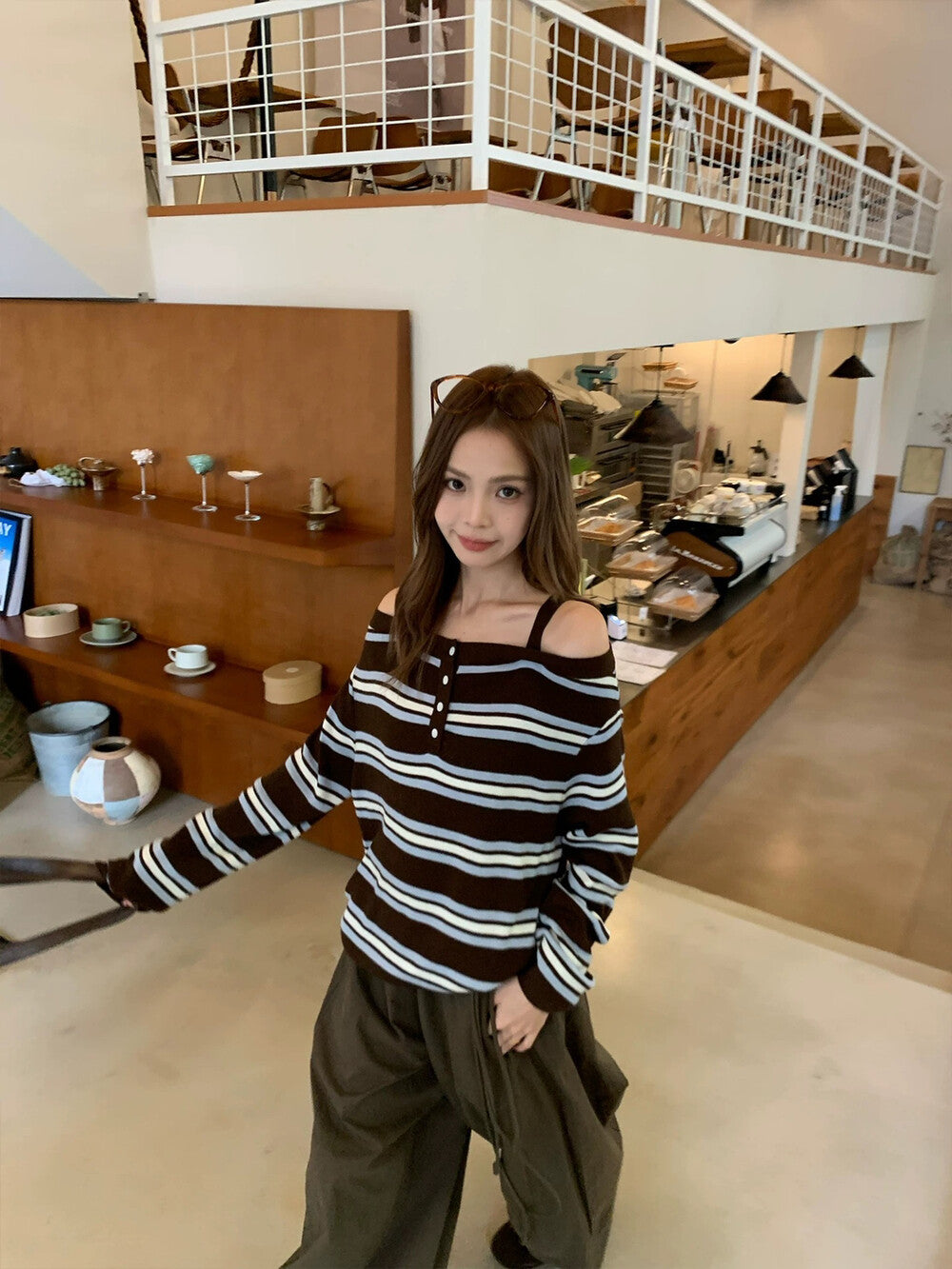 Striped Off-Shoulder Layered-Look Knit Top with Straps