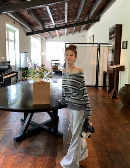 Striped Off-Shoulder Layered-Look Knit Top with Straps