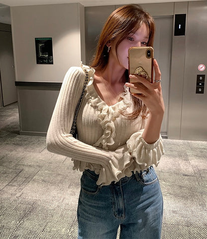 V領荷葉邊針織top