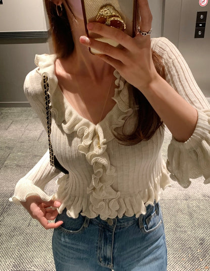 V領荷葉邊針織top