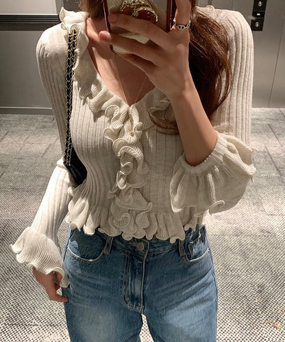 V領荷葉邊針織top