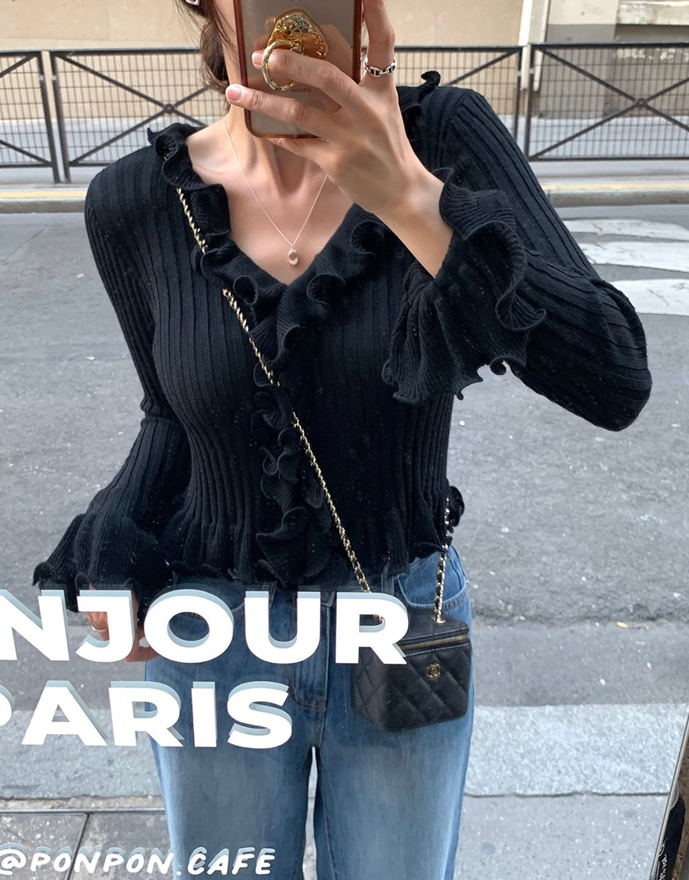 V領荷葉邊針織top