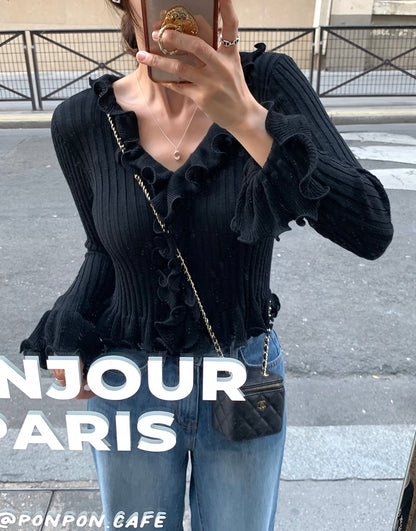 V領荷葉邊針織top