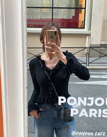 V領荷葉邊針織top