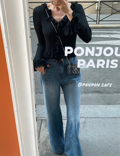 V領荷葉邊針織top