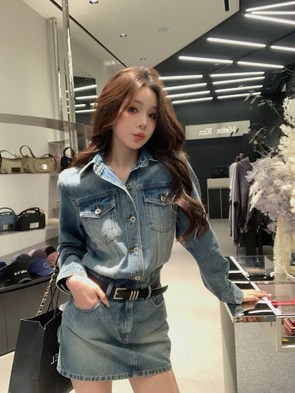 復古長袖顯瘦牛仔裙