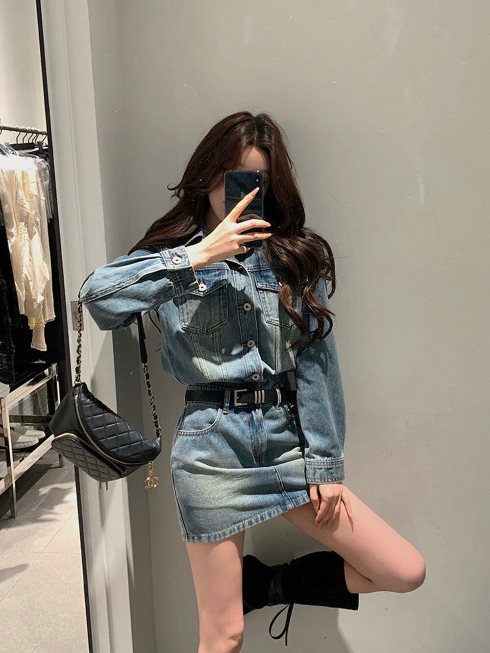 復古長袖顯瘦牛仔裙