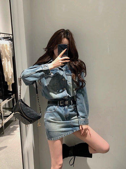 復古長袖顯瘦牛仔裙