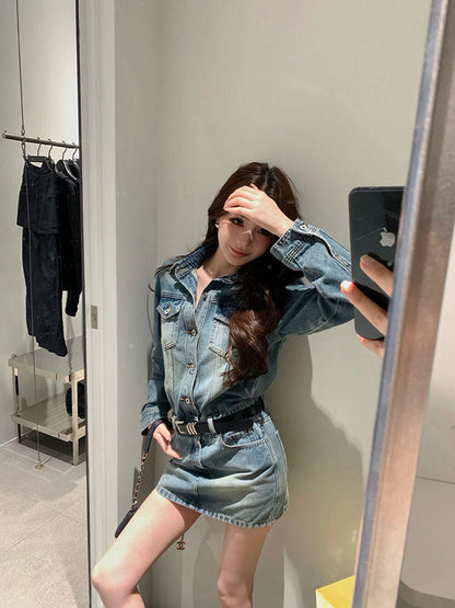 復古長袖顯瘦牛仔裙