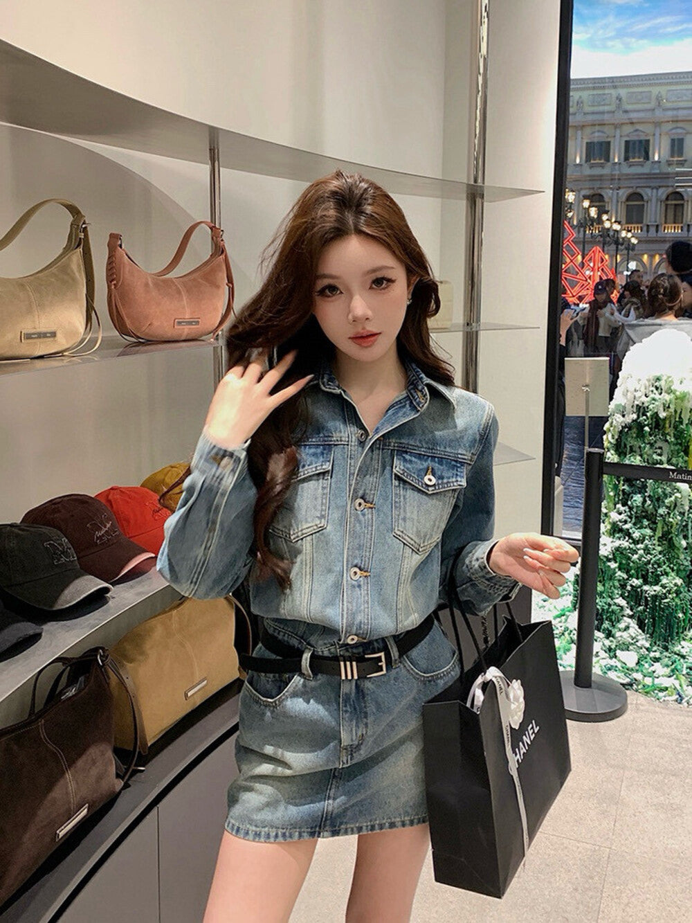 復古長袖顯瘦牛仔裙