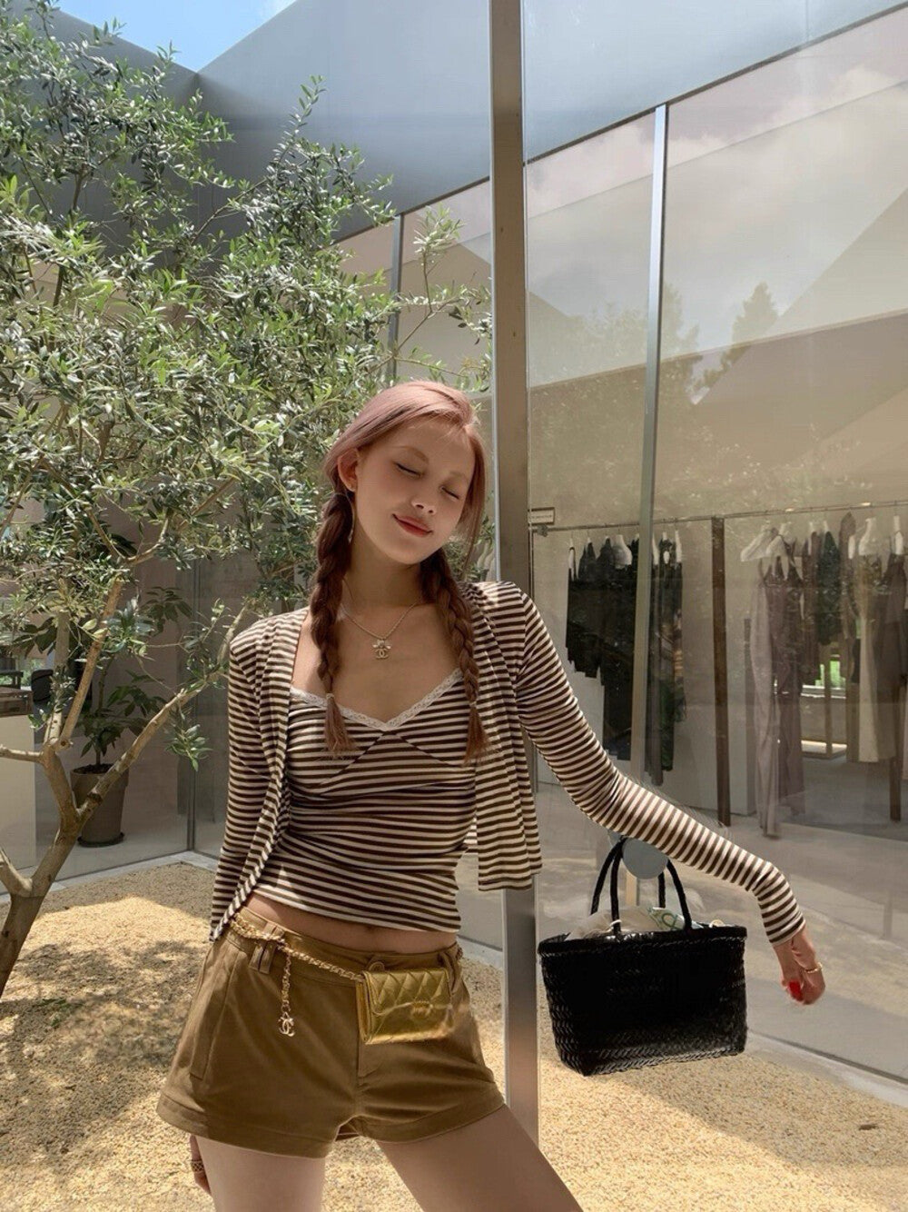 Striped Camisole & Knitted Cardigan Set