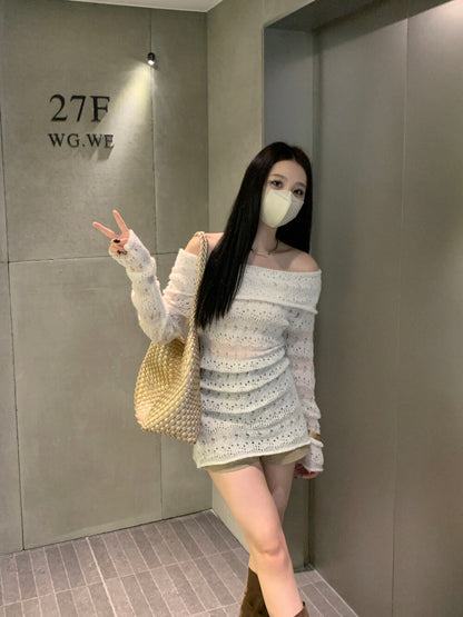 Off-shoulder Hollow-out Mohair Top