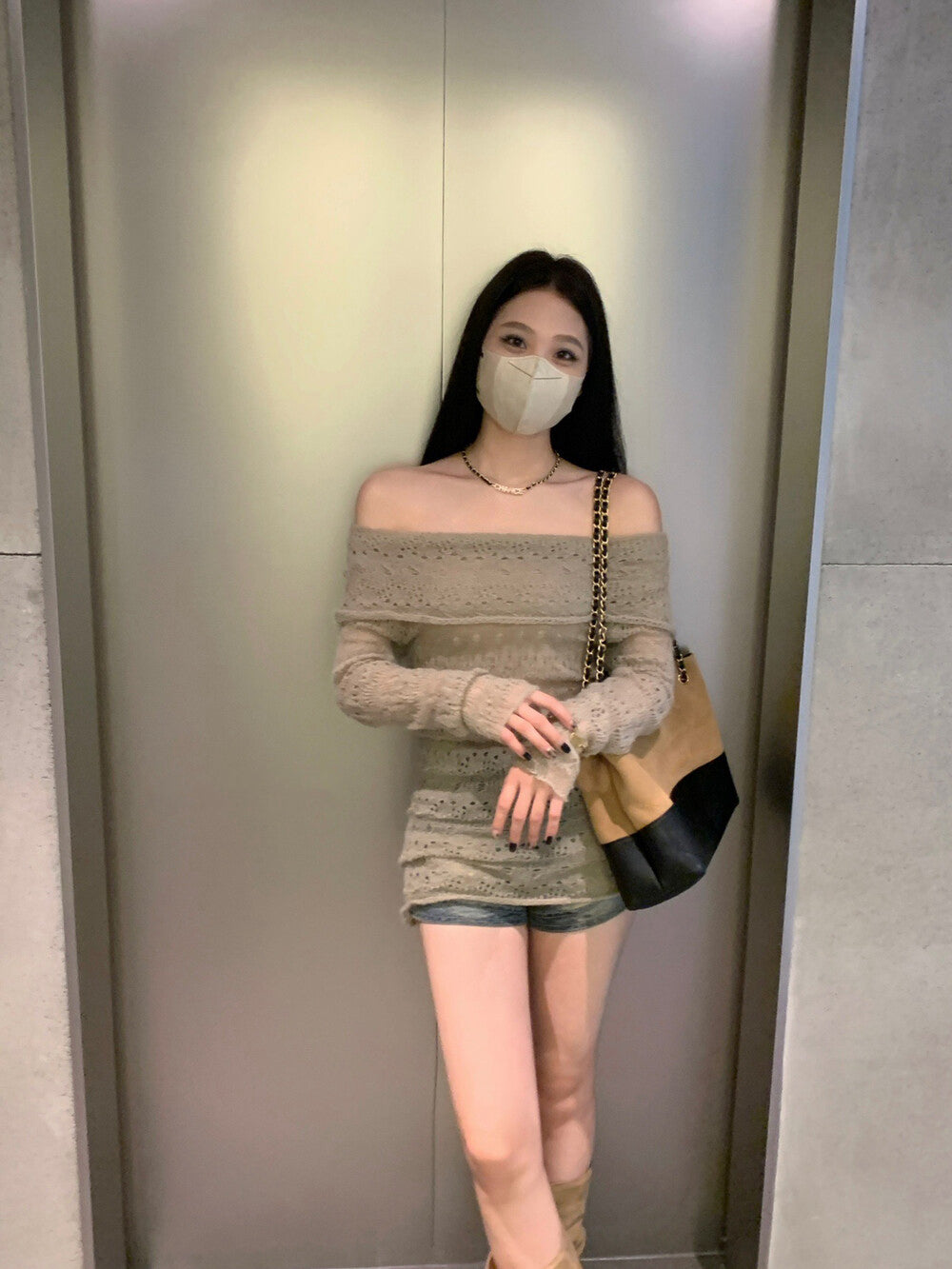 Off-shoulder Hollow-out Mohair Top