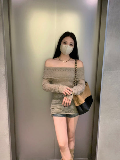 Off-shoulder Hollow-out Mohair Top