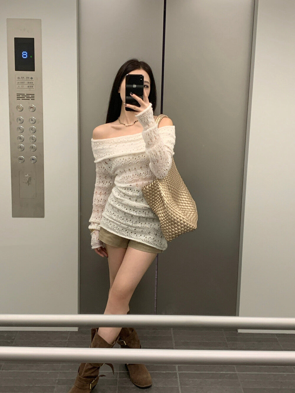 Off-shoulder Hollow-out Mohair Top