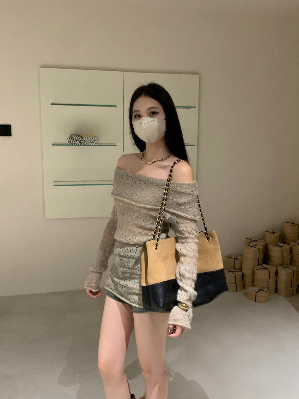 Off-shoulder Hollow-out Mohair Top