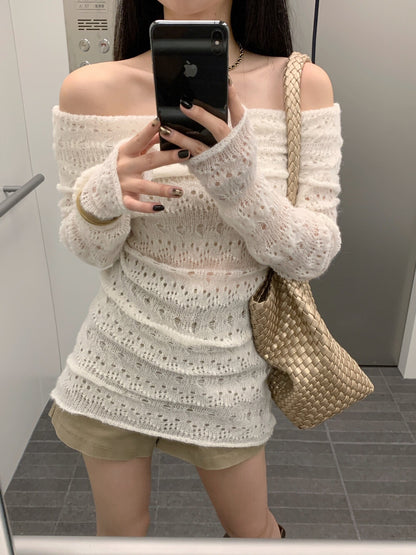 Off-shoulder Hollow-out Mohair Top