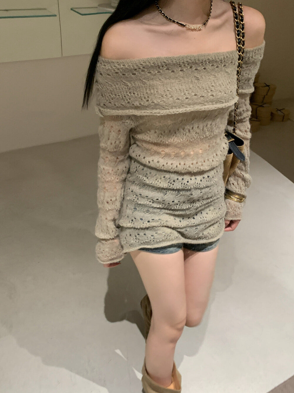 Off-shoulder Hollow-out Mohair Top