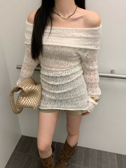 Off-shoulder Hollow-out Mohair Top
