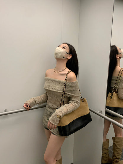 Off-shoulder Hollow-out Mohair Top