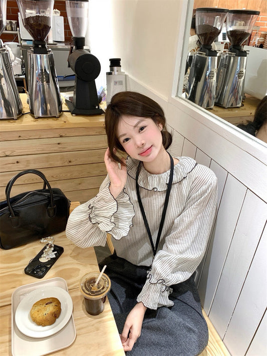 Striped Ruffle Collar Bell Sleeve Blouse