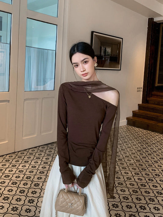 Elegant Asymmetrical Off-Shoulder Long Sleeve T-Shirt with Flowing Ribbon
