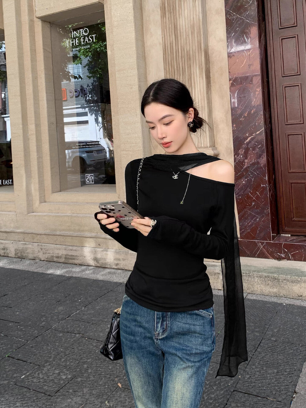 Elegant Asymmetrical Off-Shoulder Long Sleeve T-Shirt with Flowing Ribbon