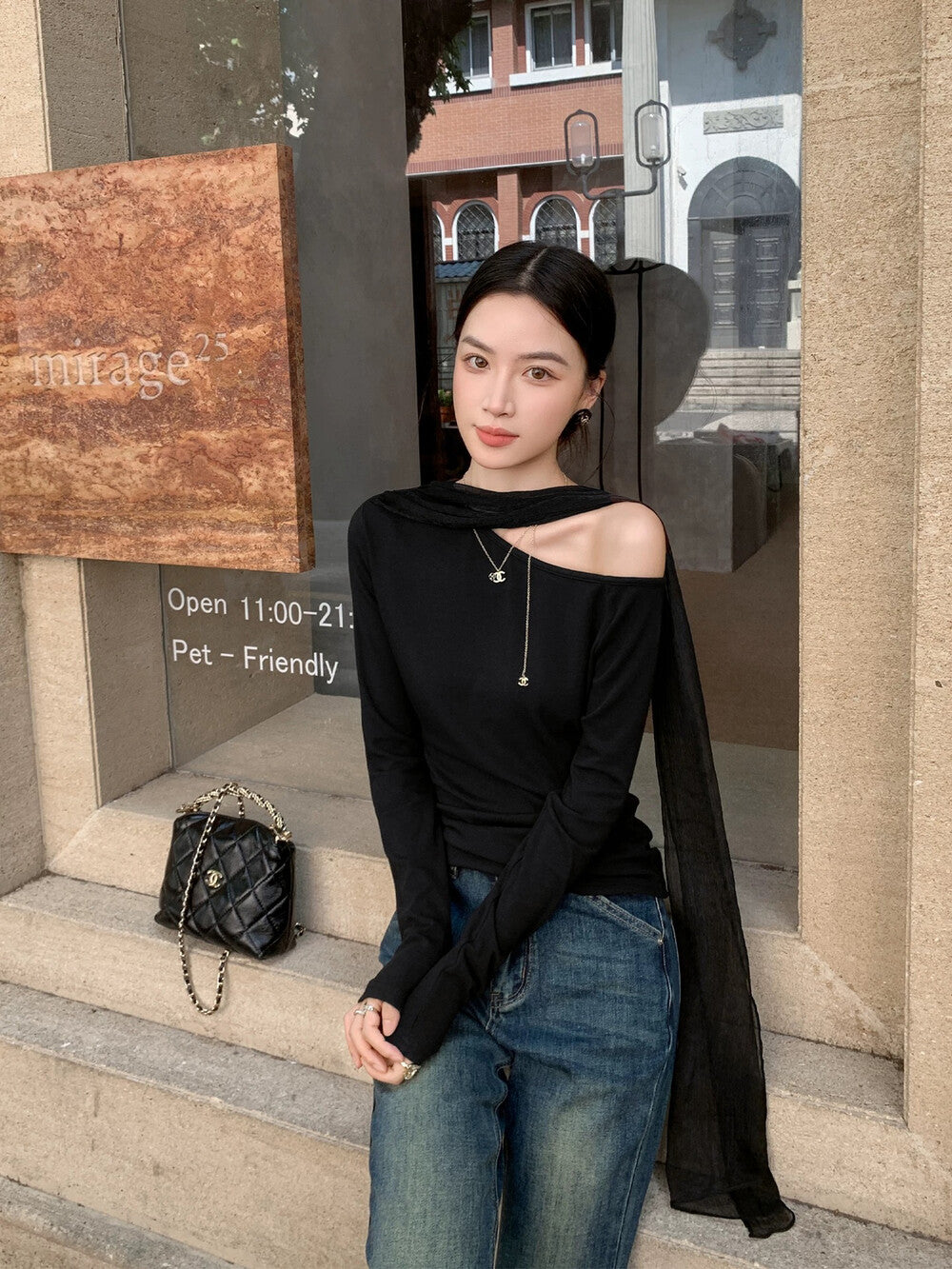 Elegant Asymmetrical Off-Shoulder Long Sleeve T-Shirt with Flowing Ribbon
