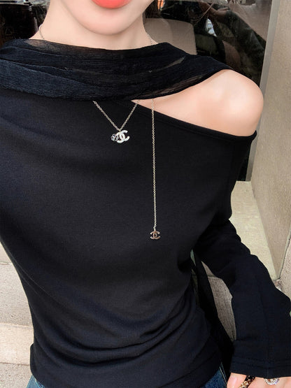 Elegant Asymmetrical Off-Shoulder Long Sleeve T-Shirt with Flowing Ribbon